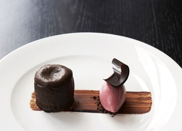 Chocolate and griottine fondant with cherry yoghurt ice cream
