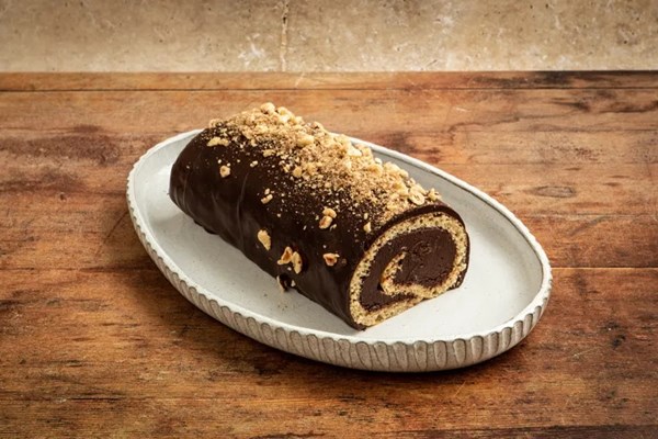 Chocolate and hazelnut roulade with toasted hazelnut and cinnamon crumble