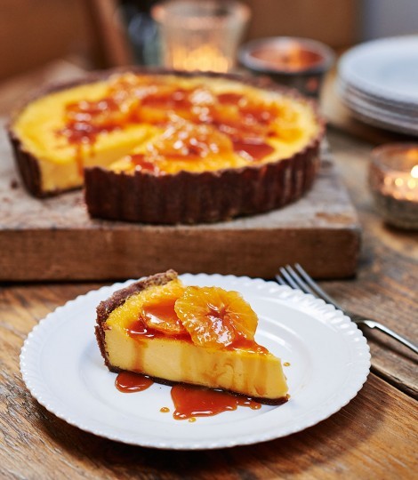 Chocolate and orange custard tart with caramel