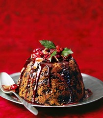 Chocolate and panettone Christmas pudding with cranberry toffee sauce