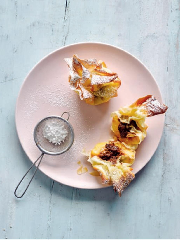 Chocolate and peach phyllo parcels