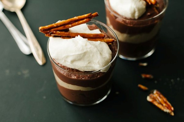 Chocolate and peanut butter pudding with candied pretzels