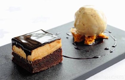 Chocolate and peanut mousse cake with gingerbread ice cream