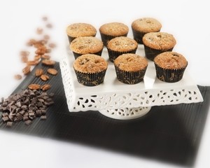 Chocolate and pecan muffins with maple glaze