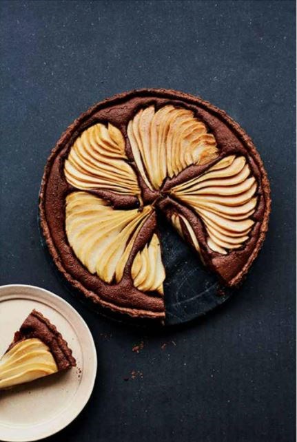 Chocolate and pickled pear frangipane tart with citrus crème fraîche