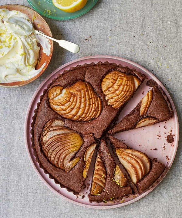 Chocolate and pickled pear frangipane tart