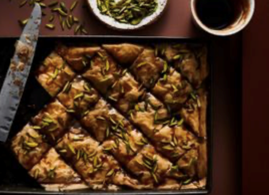 Chocolate and pistachio baklava with Greek coffee honey syrup