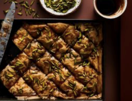 Chocolate and pistachio baklava with Greek coffee honey syrup