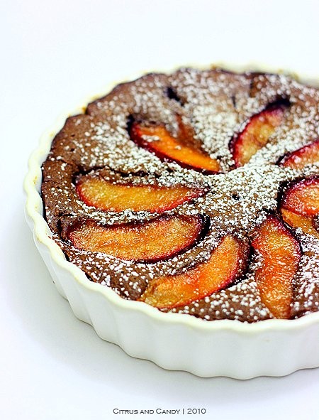 Chocolate and plum flognarde (or clafoutis)