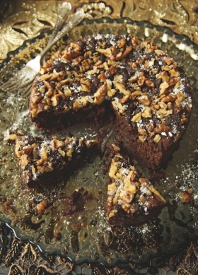 Chocolate and prune fudge torte with walnut and chocolate streusel