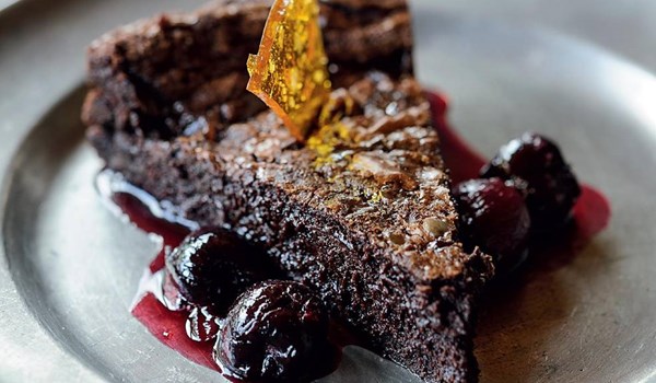 Chocolate and salt caramel brownies with cherry and elderflower sauce