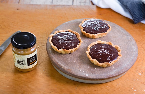 Chocolate and salted caramel tarts