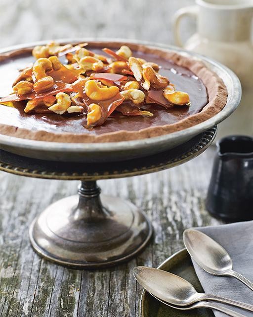 Chocolate and salted cashew brittle tart