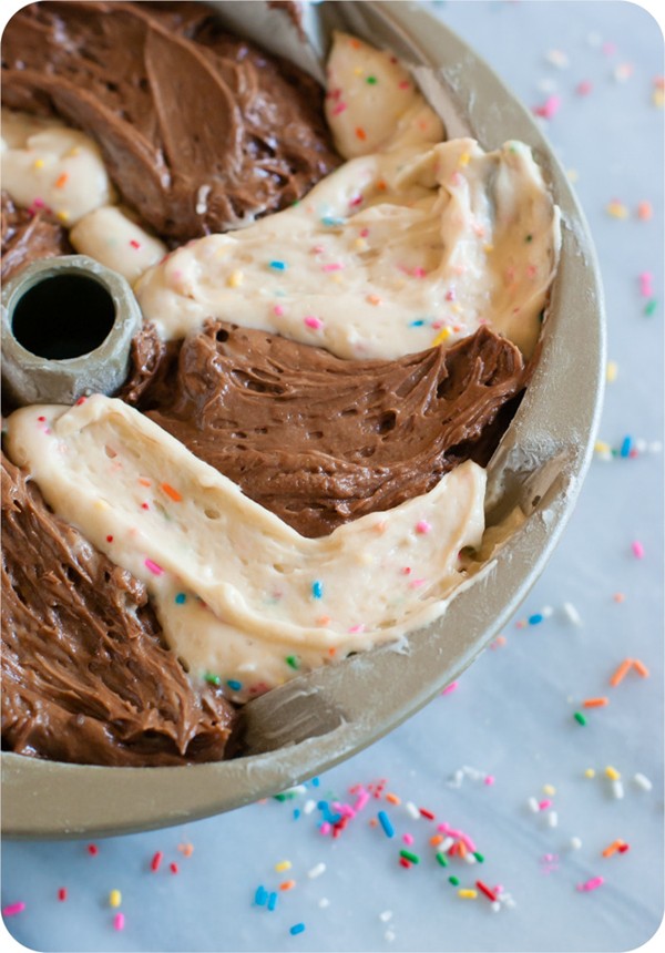 Chocolate and sprinkle marble bundt cake 