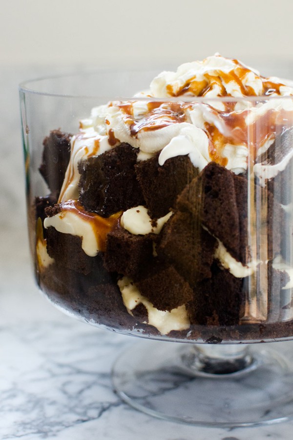 Chocolate and vanilla trifle with caramel sauce