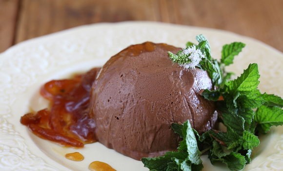Chocolate and vino cotto parfait with marmalade syrup
