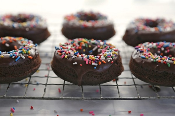 Chocolate baked doughnuts with chocolate glaze