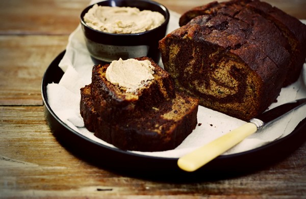 Chocolate banana bread with cinnamon butter