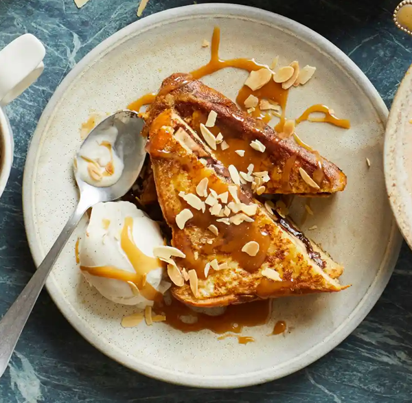 Chocolate banana French toast with miso caramel