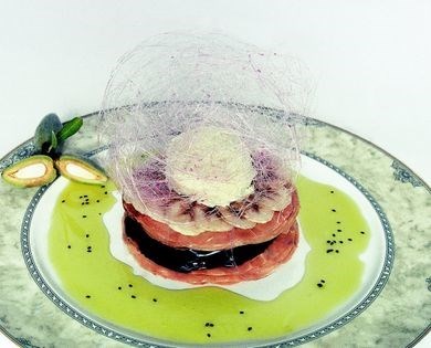 Chocolate-banana tart with almond ice cream and spun sugar