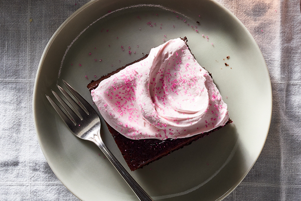 Chocolate birthday sheet cake with strawberry marshmallow frosting 