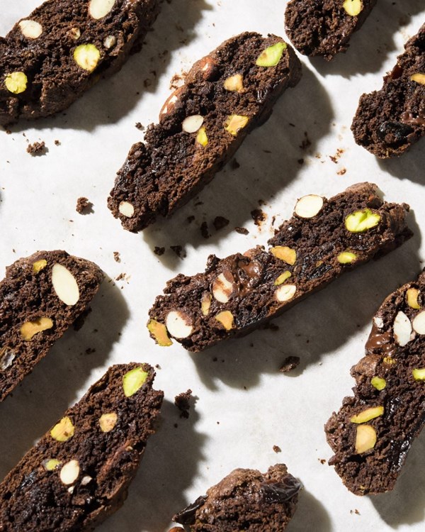 Chocolate biscotti with pistachios, almonds and dried cherries recipe