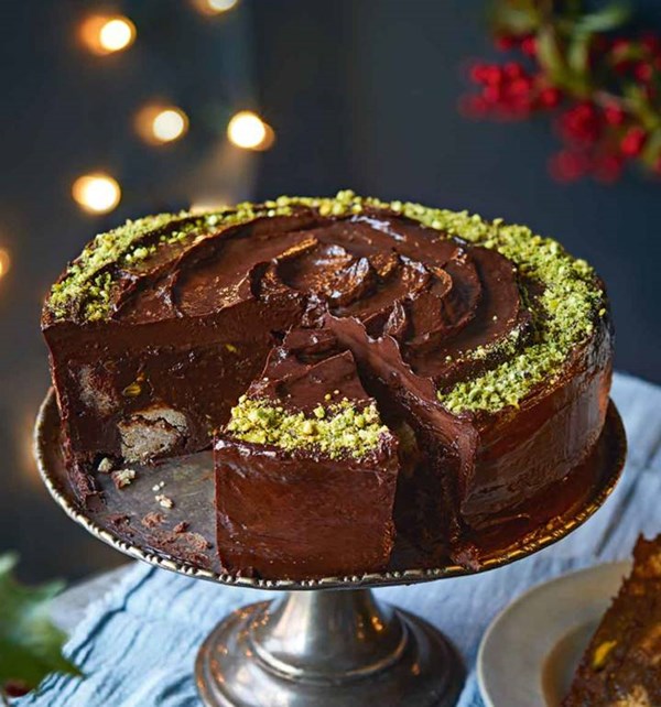 Chocolate biscuit cake with brandied fruits