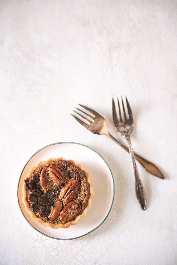 Chocolate, bourbon, and pecan butter tarts