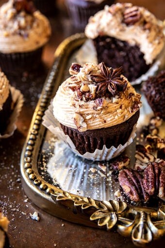 Chocolate bourbon chai latte cupcakes with butter pecan frosting