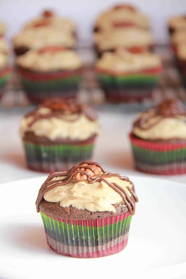 Chocolate bourbon cupcakes with butter pecan frosting