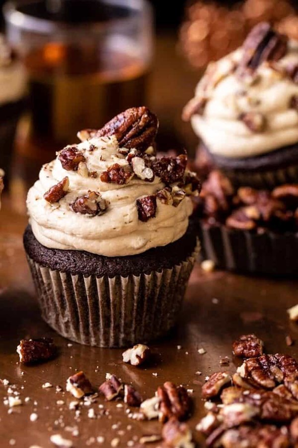 Chocolate bourbon pecan pie cupcakes with butter pecan frosting