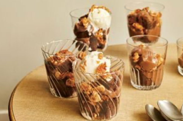 Chocolate brownie pudding with corn flake crunch