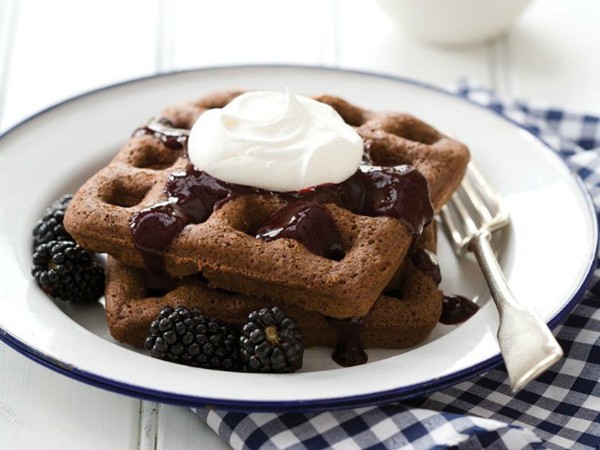 Chocolate brownie waffles with blackberry syrup