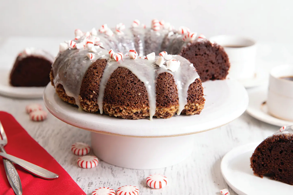 Chocolate bundt cake with peppermint glaze