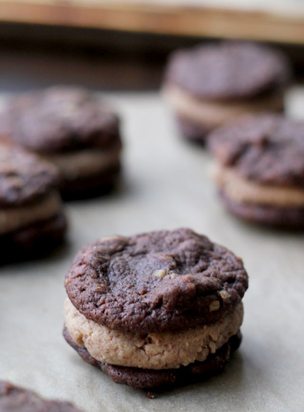 Chocolate butter pecan sandwich cookies