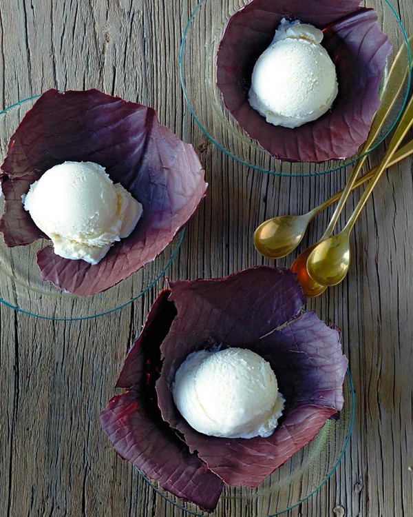 Chocolate cabbage leaves with vanilla ice cream
