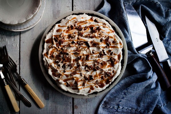 Chocolate, cajeta, and salted pecan mud pie