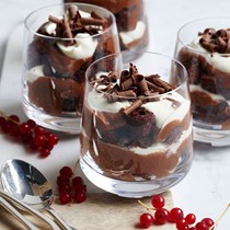 Chocolate cake tiramisu with chocolate zabaglione