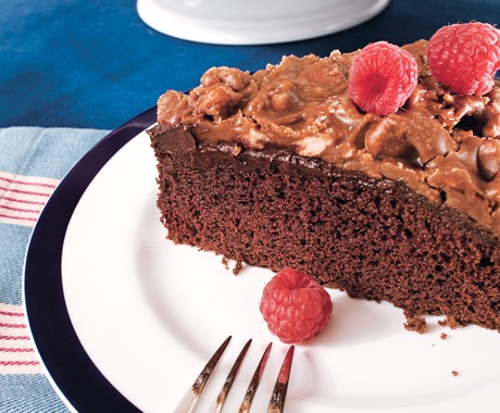 Chocolate cake with ganache and praline topping