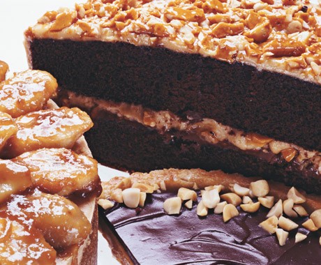 Chocolate cake with milk chocolate-peanut butter frosting and peanut butter brittle