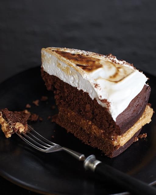 Chocolate cake with peanut butter filling & marshmallow topping