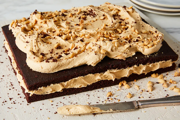 Chocolate cake with peanut butter frosting & salty peanuts