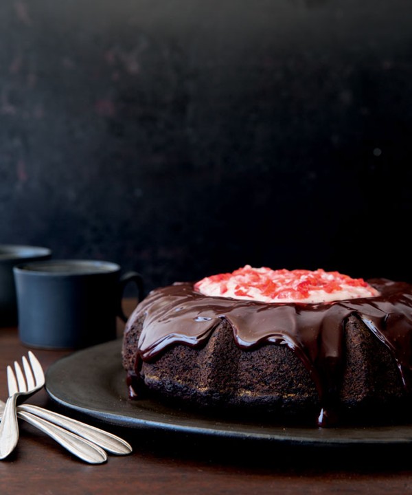 Chocolate cake with strawberry lava