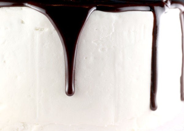 Chocolate cake with vanilla frosting and a good amount of ganache