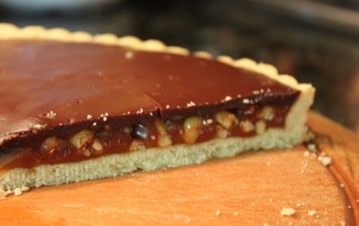 Chocolate-caramel-almond tart with fleur de sel