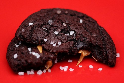 Chocolate caramel cookies with sea salt