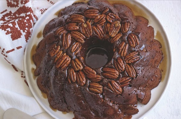Chocolate caramel pecan bundt cake