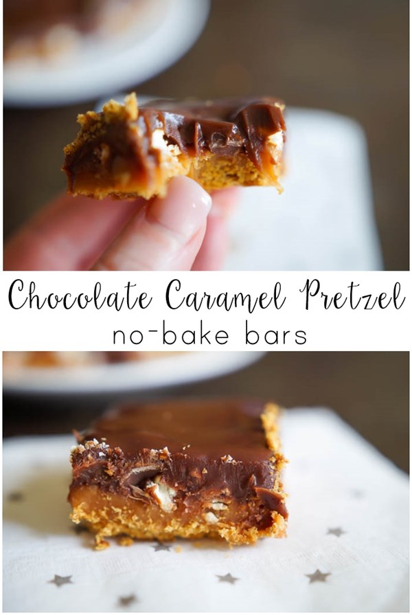 Chocolate caramel pretzel no-bake bars