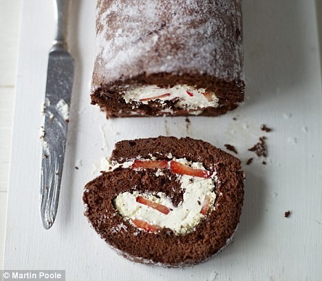 Chocolate, cardamom and strawberry Swiss roll