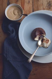 Chocolate-centre vanilla soufflé with coffee sauce